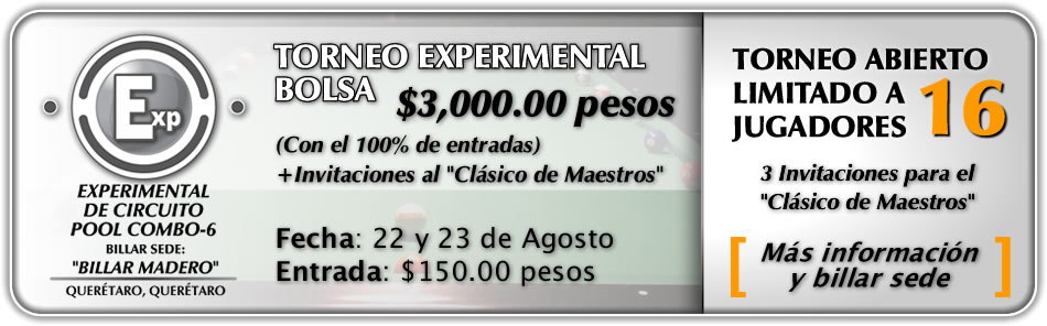 Torneo Experimental de Circuito Pool Combo-6, Billar Madero, Querétaro, Querétaro.